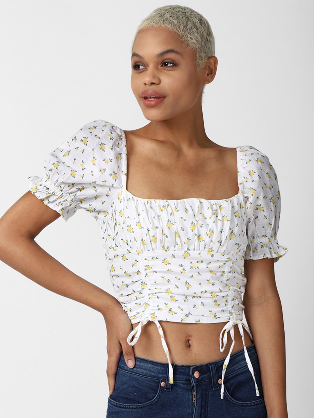 

FOREVER 21 White & Yellow Floral Print Top