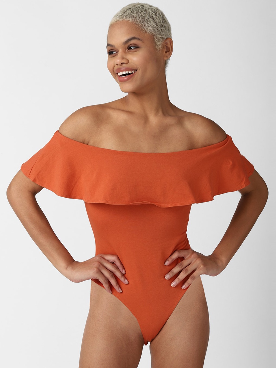 

FOREVER 21 Women Orange Off-Shoulder Ruffles Top