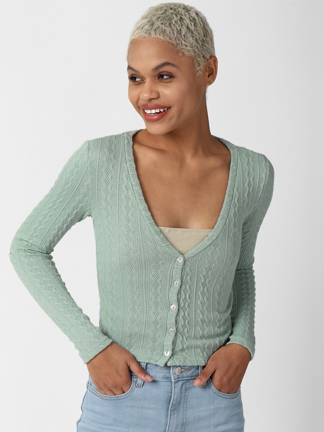 

FOREVER 21 Women Green Crop Cardigan