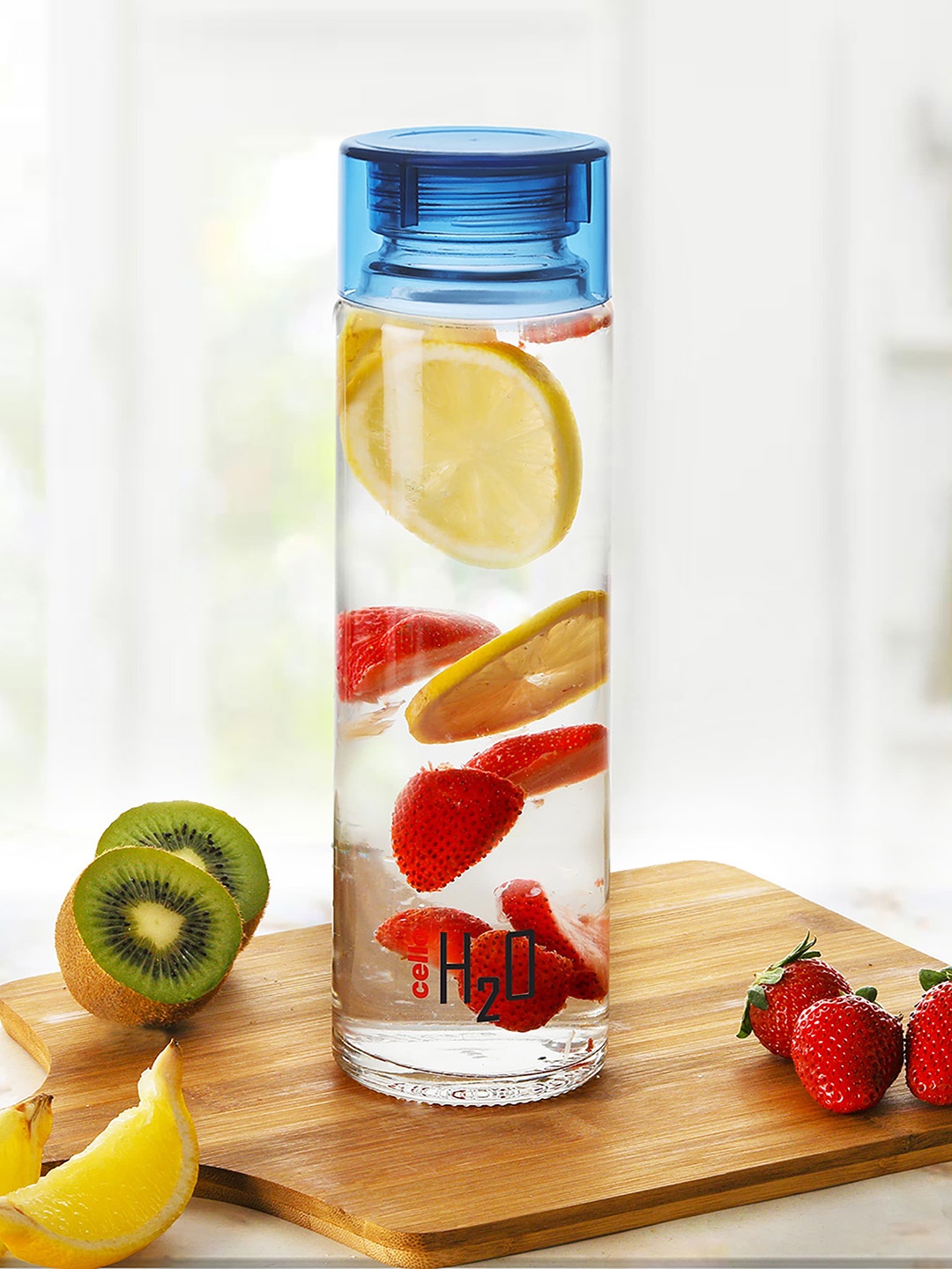 

Cello Blue Coloured Solid H2O Toughened Glass Fridge Water Bottle with Plastic Cap 920ml, Transparent