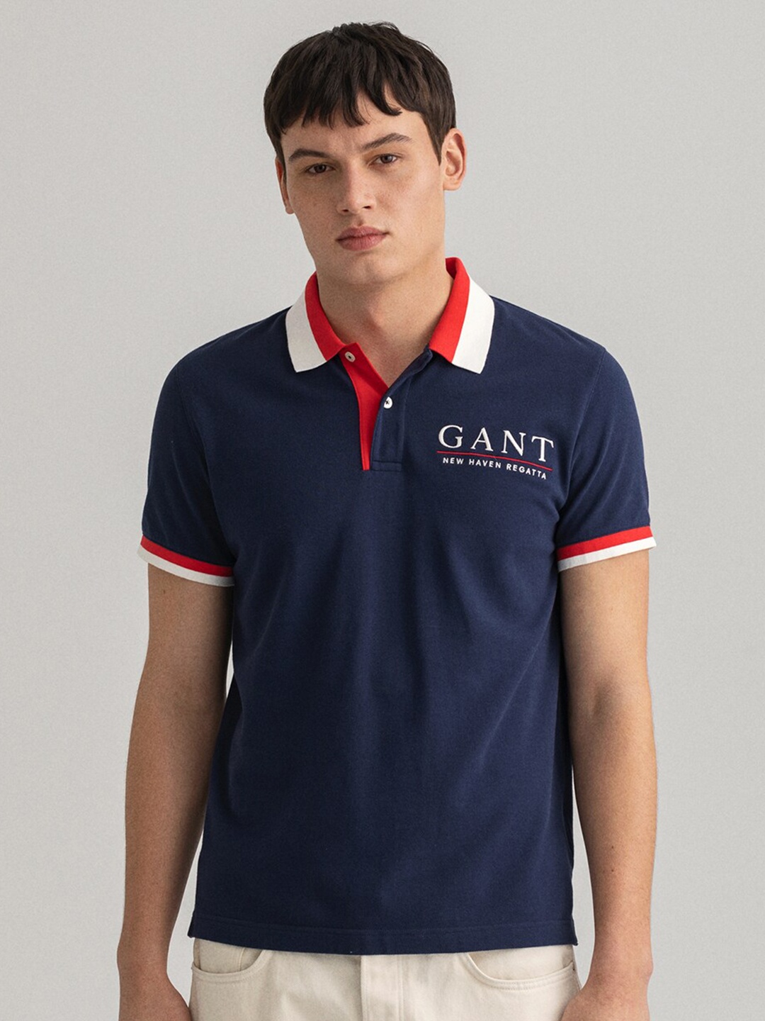 

GANT Men Navy Blue Polo Collar Pure Cotton T-shirt