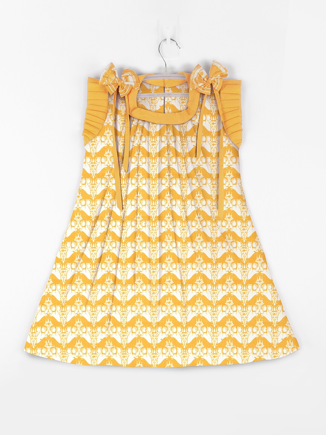 

STORY TAILOR Girls Yellow & White Printed Pure Cotton A-Line Dress