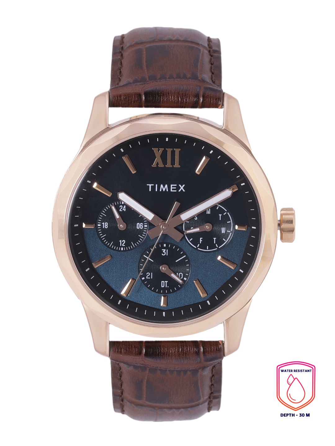 

Timex Men Blue Dial & Brown Leather Straps Analogue Multifunction Watch TW0TG7601, Navy blue