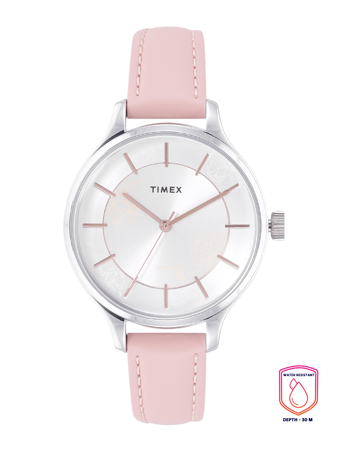 

Timex Women Silver-Toned Printed Dial & Pink Leather Straps Analogue Watch TWEL14805