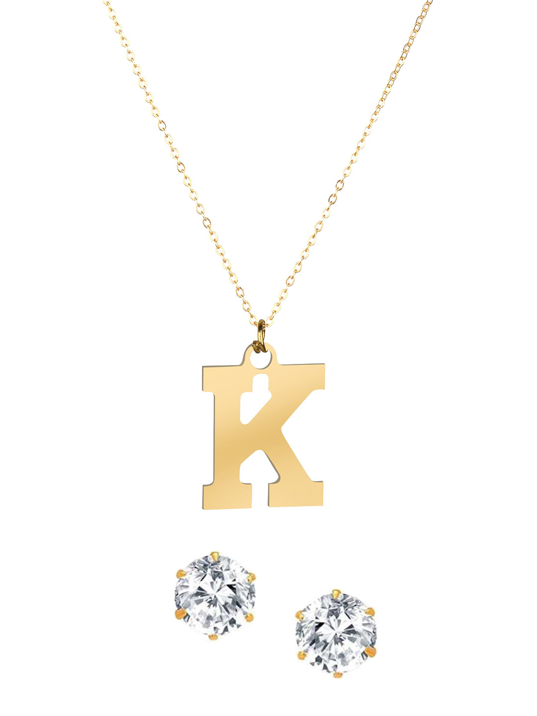 

Goldnera Gold-Plated Alphabet K Necklace Pendant With Solitaire Earrings