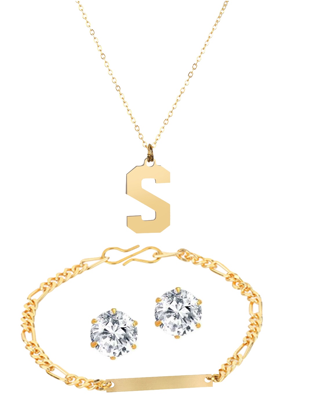 

Goldnera Gold-Plated Alphabet S Pendant Necklace With Solitaire Earrings