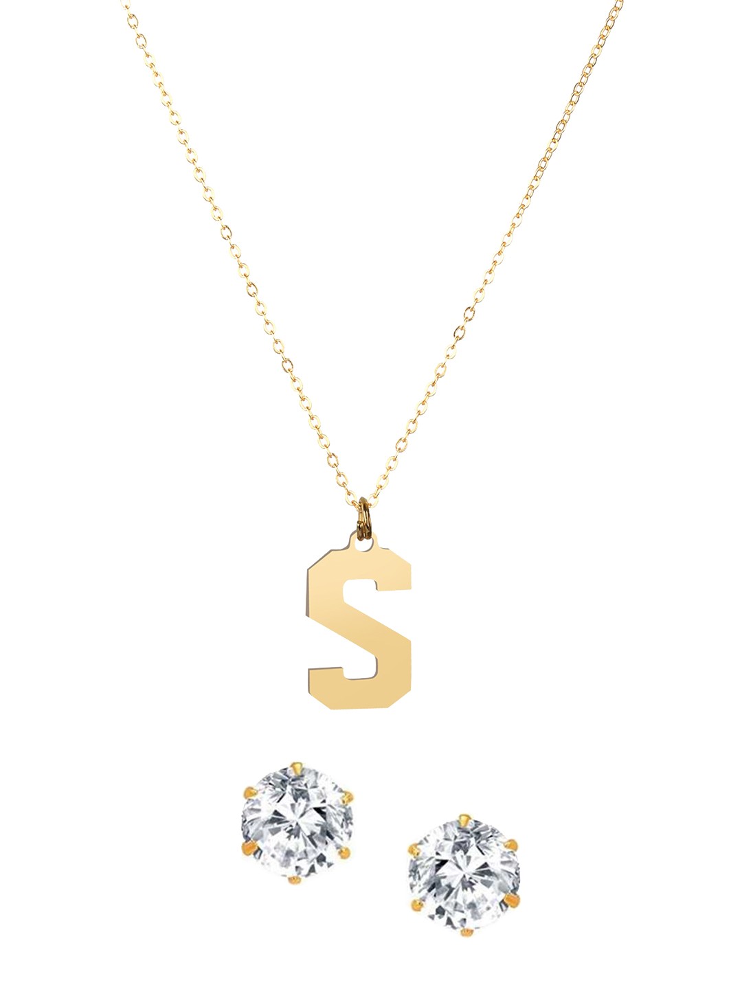 

Goldnera Gold-Plated Alphabet S Pendant Necklace With Solitaire Earrings