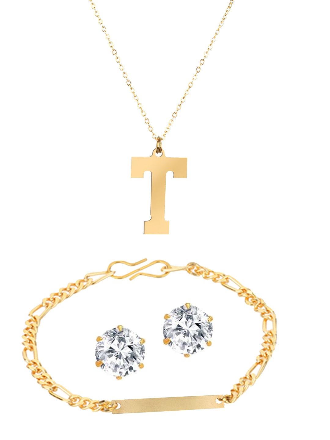 

Goldnera Gold-Toned Alphabet Pendant with Combo of Ear Stud and Bracelet