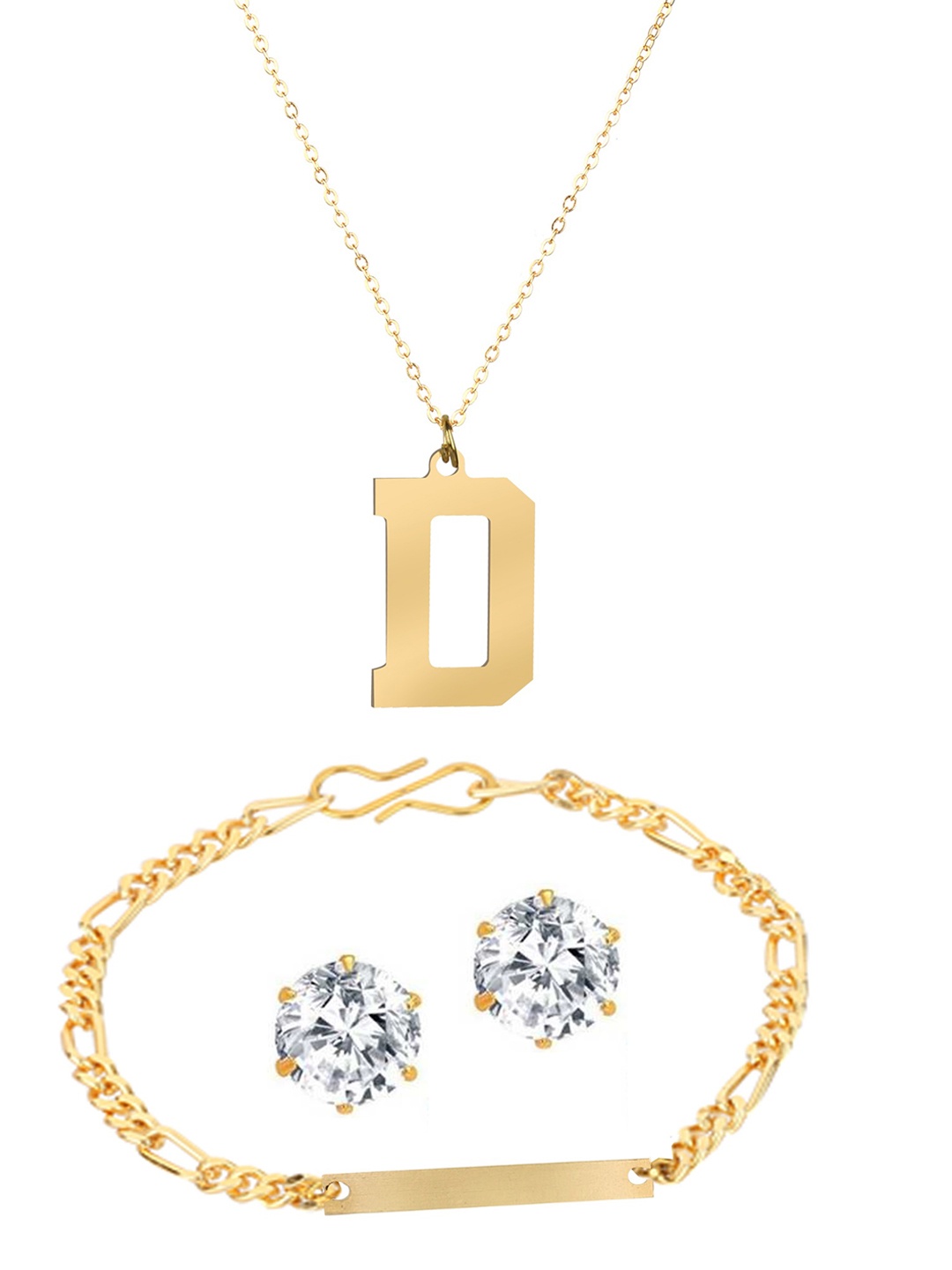 

Goldnera Gold-Plated 'D' Initial Chain Necklace Pendant With Earrings & Bracelet