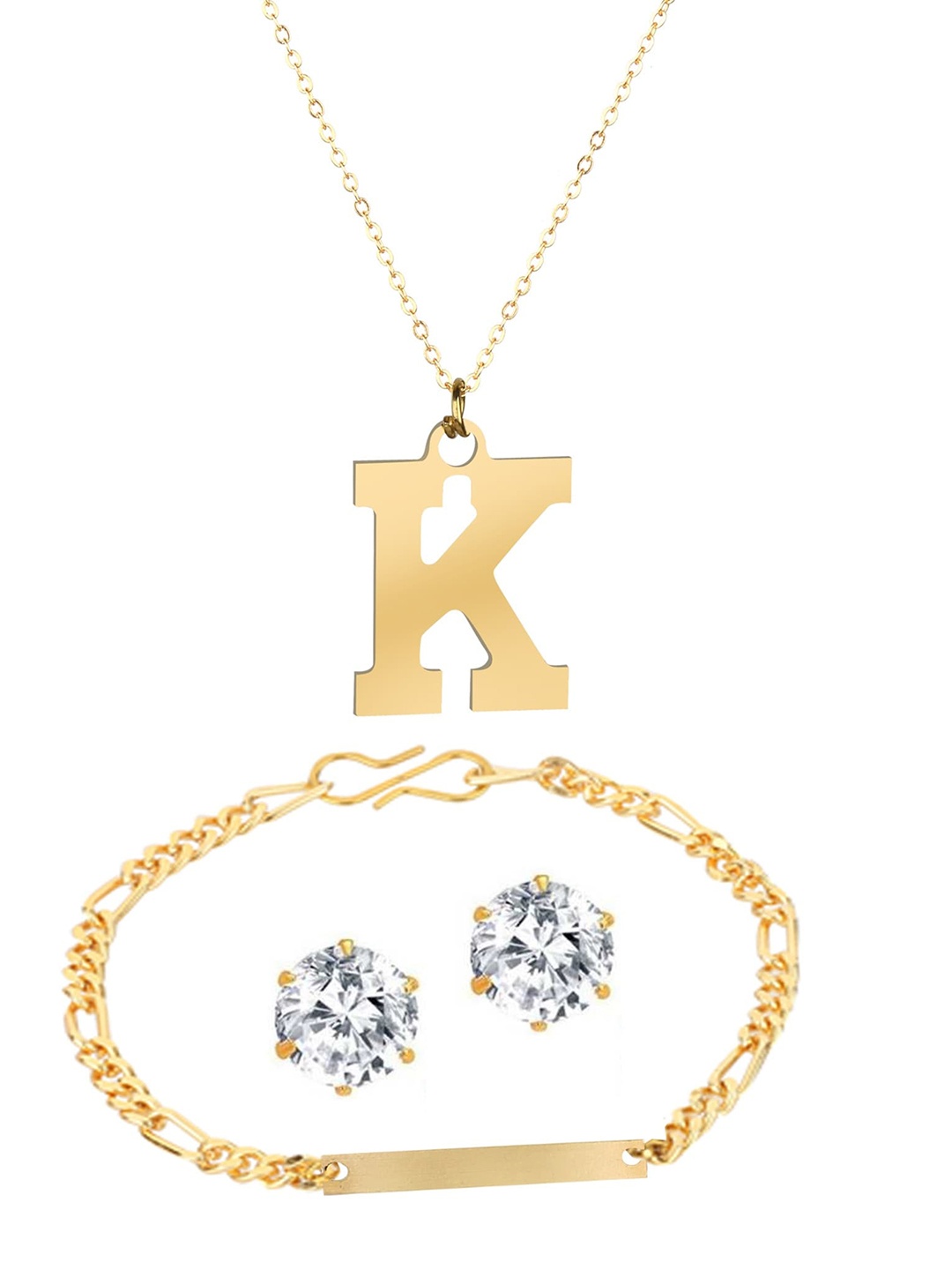 

Goldnera Gold-Plated Initial 'K' Chain Pendant with Earrings and Bracelet