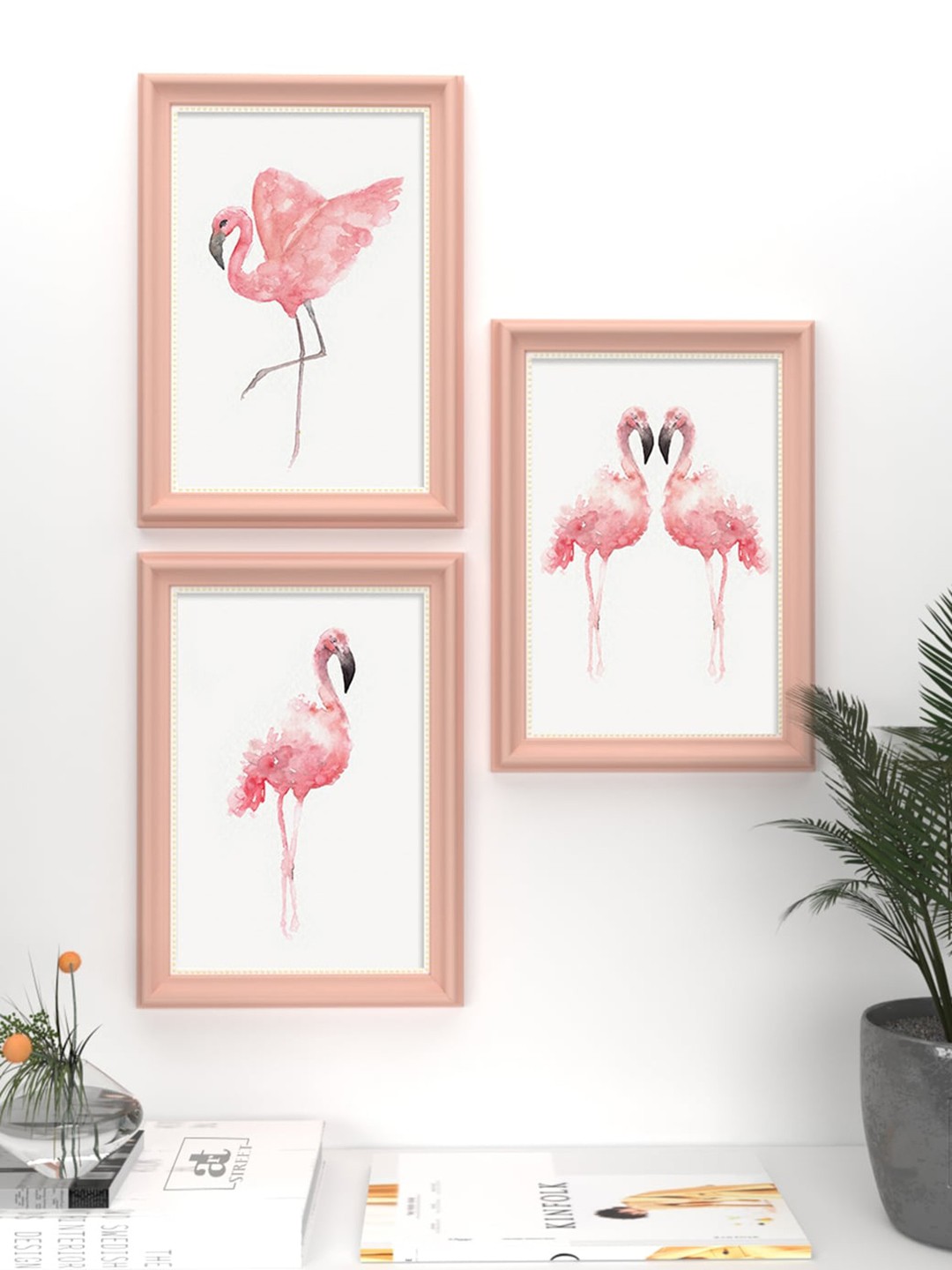 

Art Street Pack Of 3 Pink & White Flamingo Bird Painting Wall Art