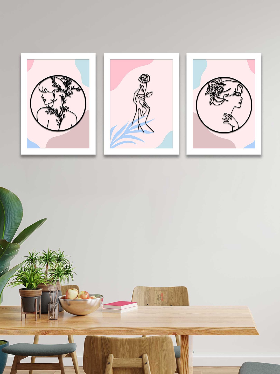 

Art Street Set of 3 Boho Lady MDF Embosed 3D Framed Art Print Wall Decor, Pink