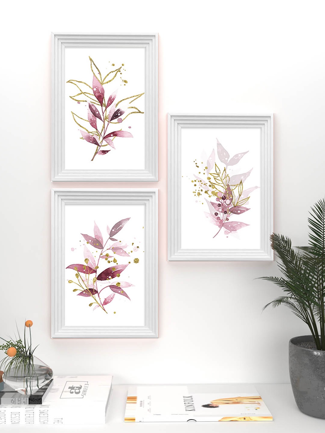 

Art Street Set Of 3 White Leaves Wall Art, Pink