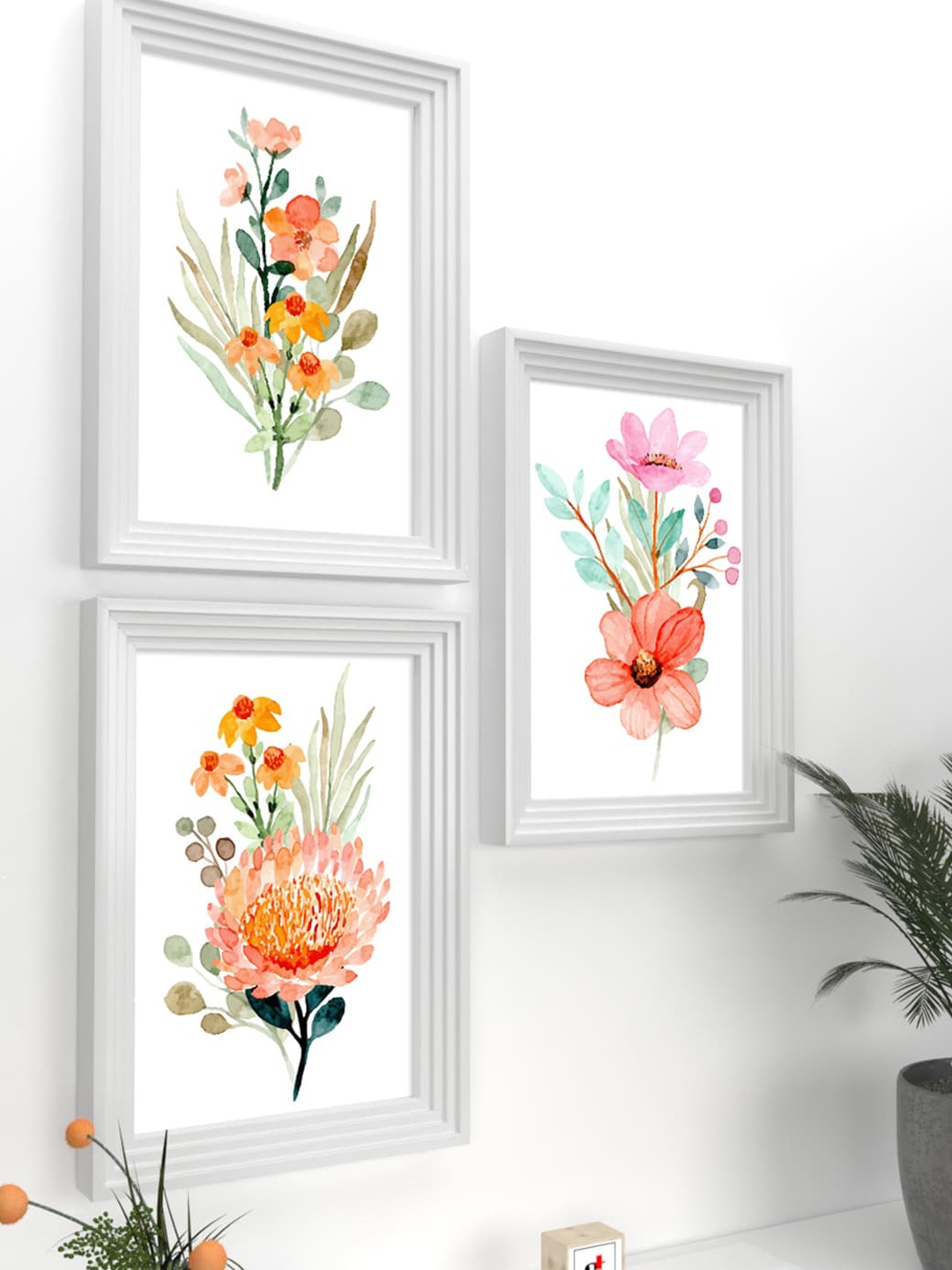 

Art Street Set Of 3 White & Peach-Coloured Floral Printed Framed Wall Art