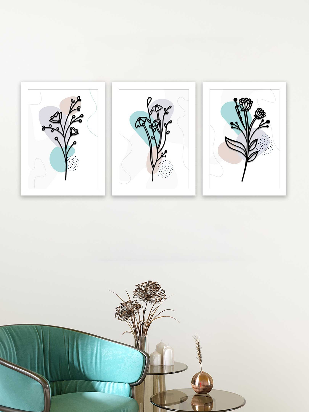 Art Street Set of 3 Boho Floral MDF Embosed 3D Framed Art, White