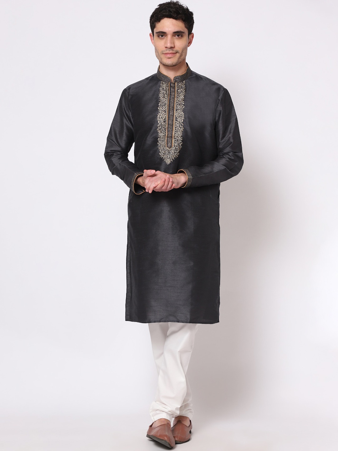 

GoStyle Men Black Angrakha Thread Work Pure Cotton Kurta with Pyjamas