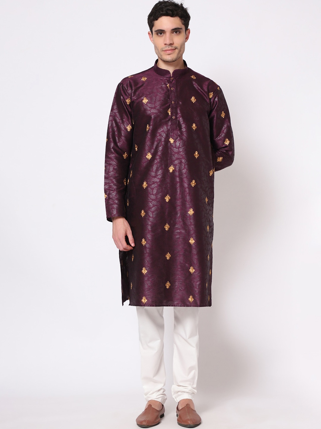 

GoStyle Men Burgundy Printed Angrakha Patchwork Pure Cotton Kurta with Churidar