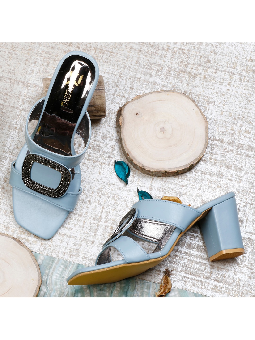 

R DEZINO Women Blue & Silver-Toned Embellished Block Heels