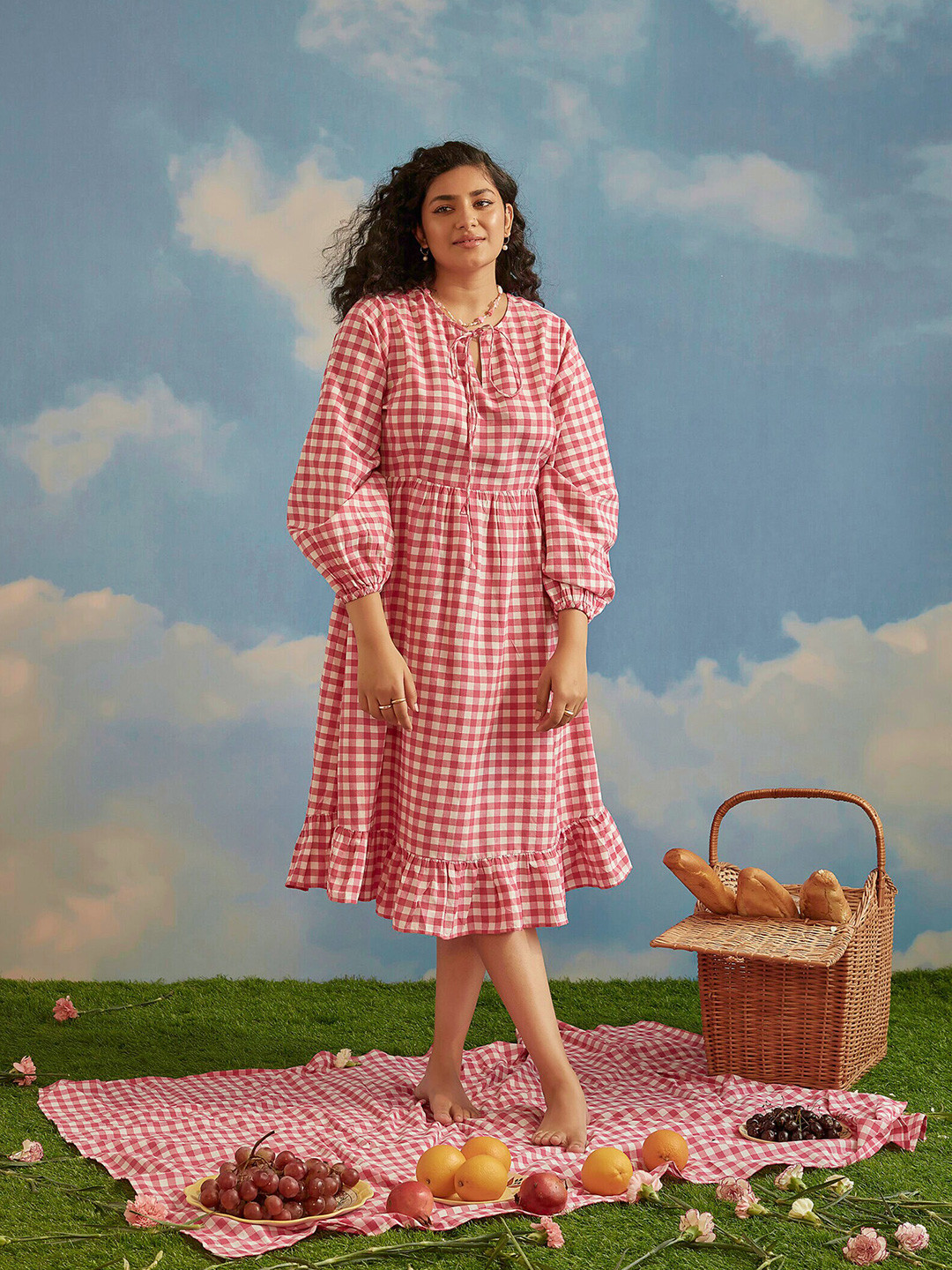 

THE CLOTHING FACTORY Pink Checkered A line Front Tie Up Dress