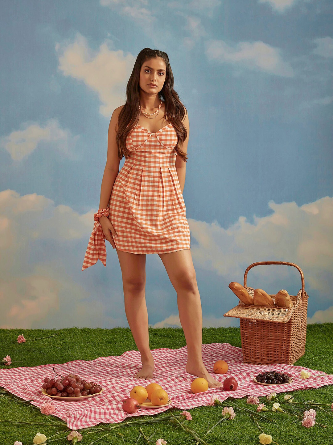 

THE CLOTHING FACTORY Orange & Off White Checked A-Line Dress
