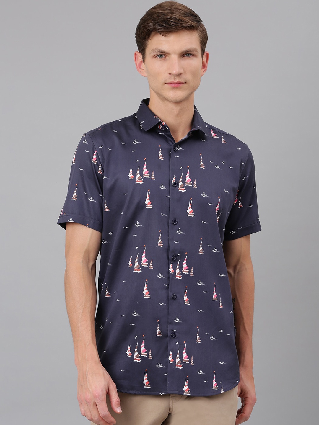 

Thomas Scott Men Navy Blue Printed Cotton Casual Shirt