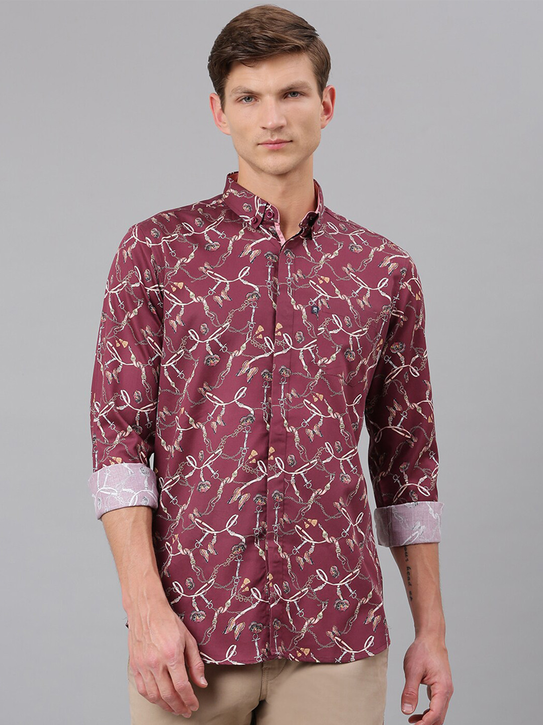 

Thomas Scott Men Burgundy Printed Casual Shirt