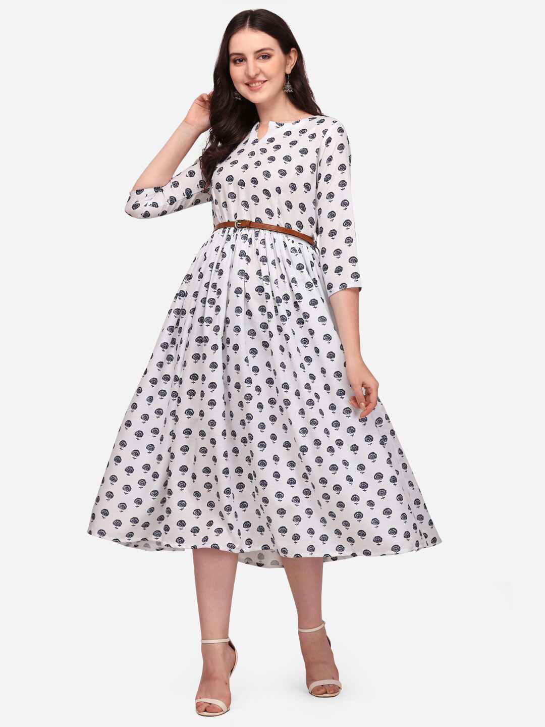 

Sitaram Designer Women White & Black Floral Printed Keyhole Neck Midi Dress