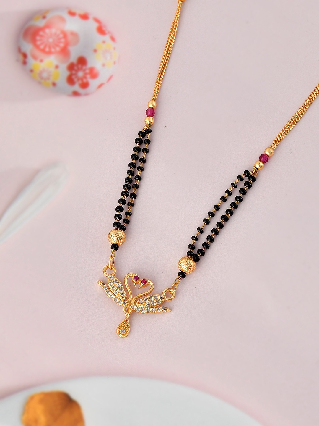 

Silvermerc Gold-Plated & Black Stone-Studded & Beaded Mangalsutra