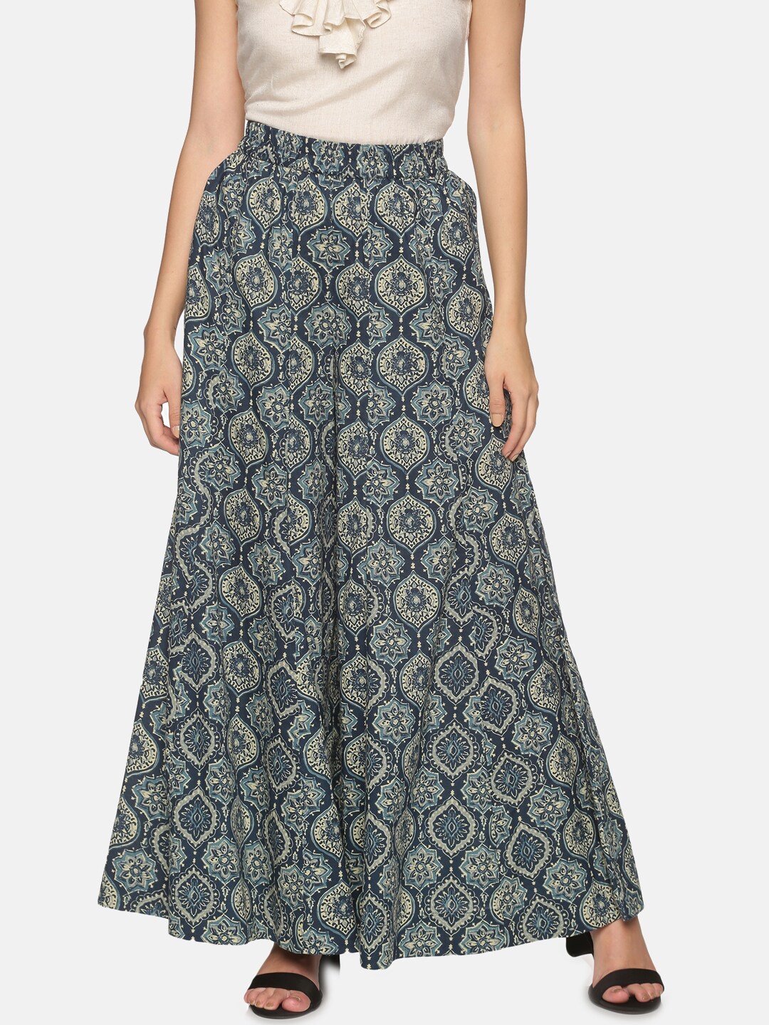 

Saffron Threads Women Blue Ethnic Motifs Printed Cotton Flared Ethnic Palazzos