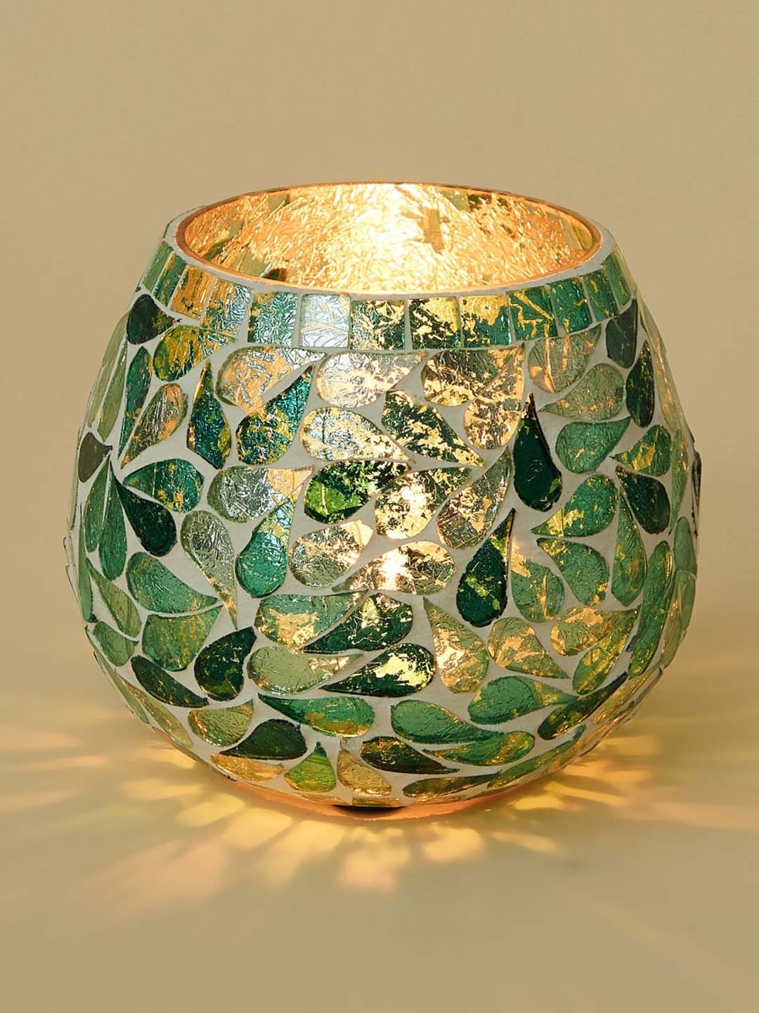

Home Centre Teal-Blue Printed Glass Candle Holder
