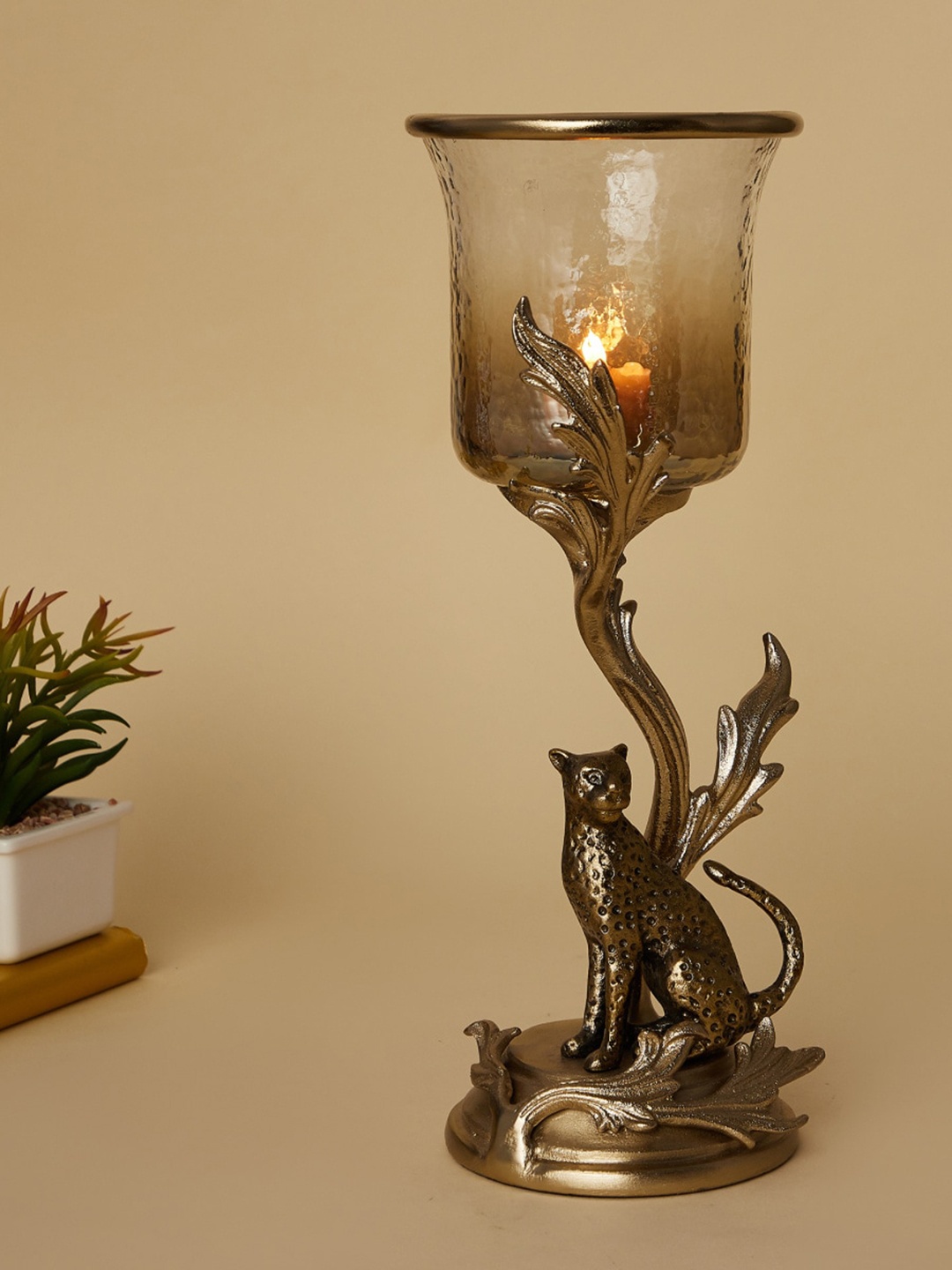 

Home Centre Gold-Toned Fiesta Gold Leopard Pillar Metal Candle Holder