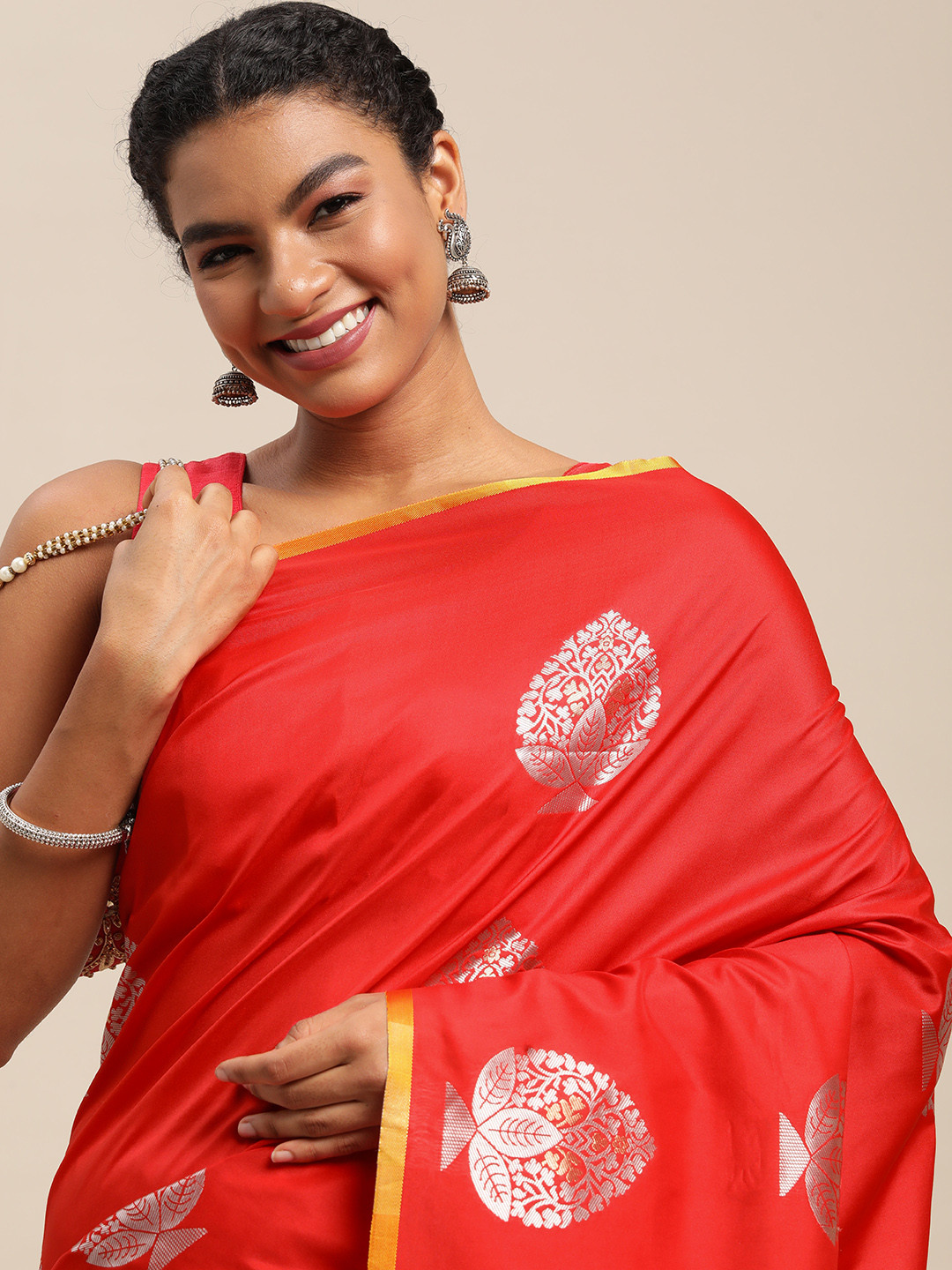 

Royal Rajgharana Saree Red & Silver Ethnic Motifs Banarasi Sarees