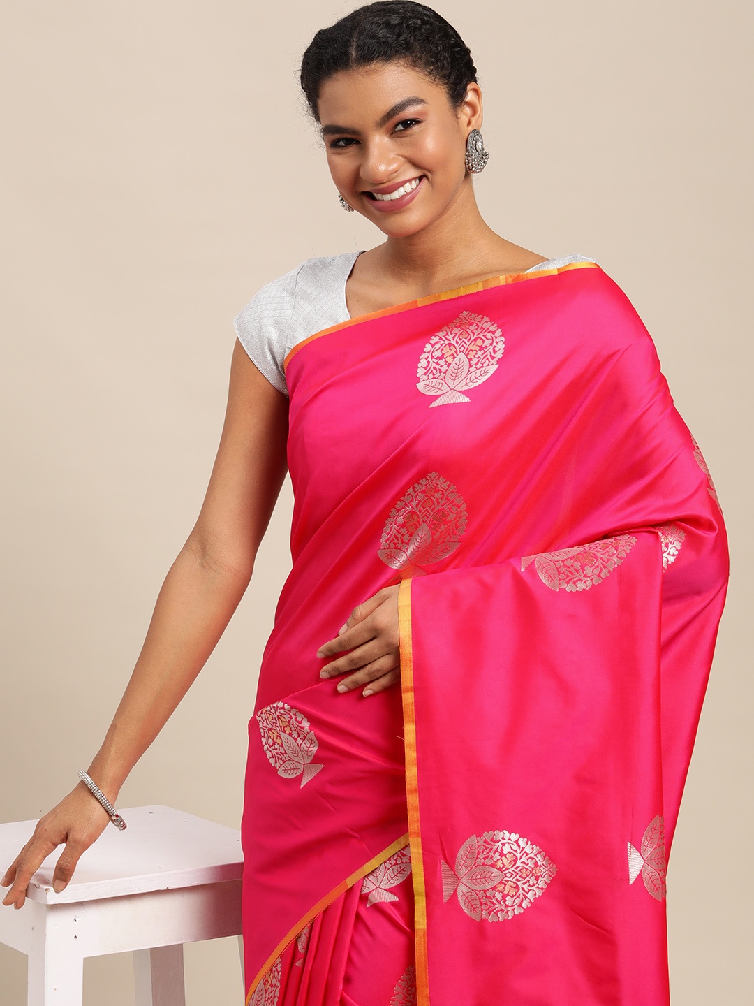

Royal Rajgharana Saree Pink & Silver Ethnic Motifs Banarasi Sarees