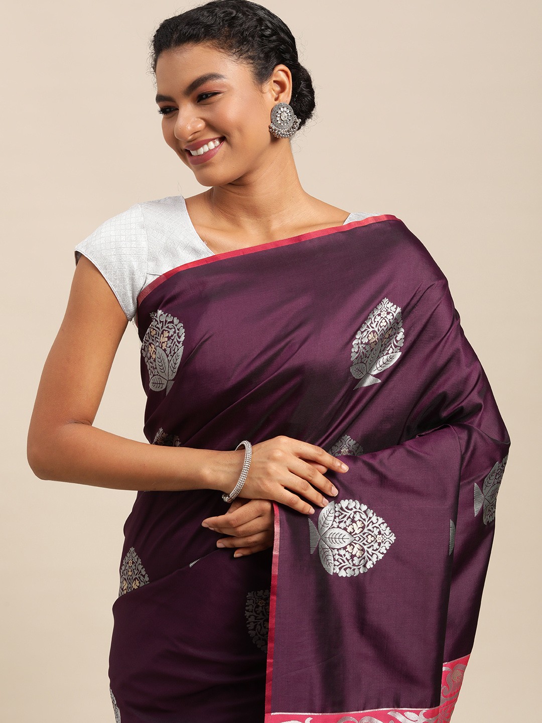 

Royal Rajgharana Saree Purple & Silver Ethnic Motifs Banarasi Sarees