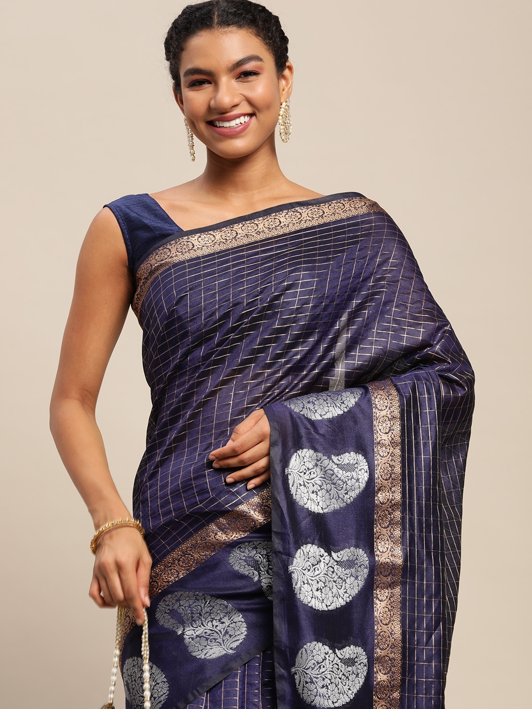 

Royal Rajgharana Saree Pink & Golden Checked Banarasi Sarees, Navy blue