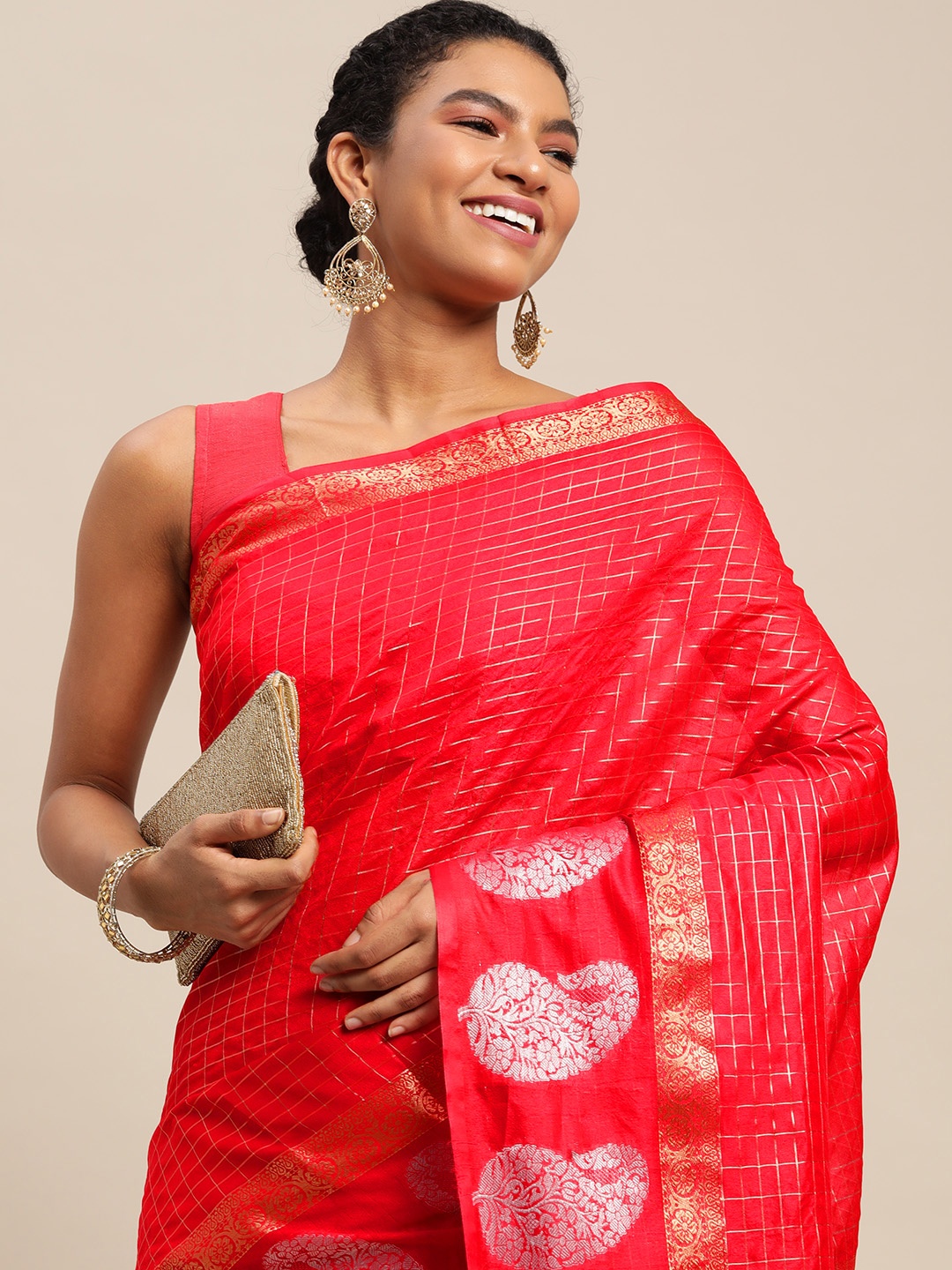 

Royal Rajgharana Saree Red & Golden Checked Banarasi Sarees