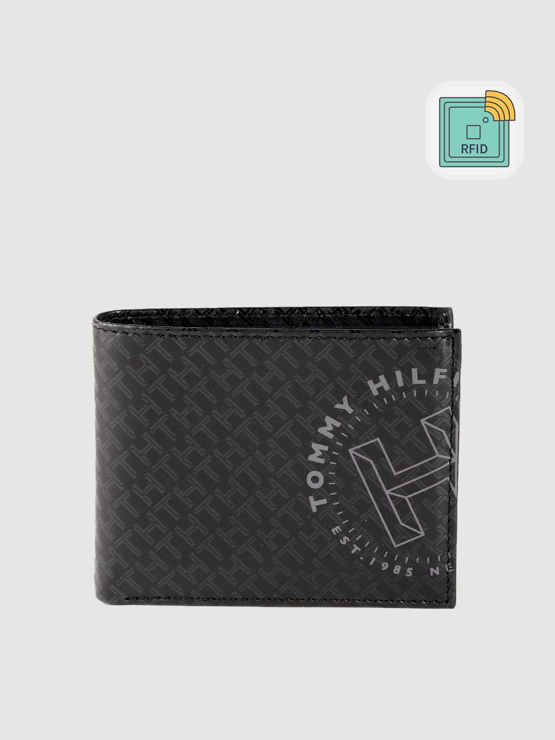 

Tommy Hilfiger Men Black Brand Logo Printed Leather Two Fold Wallet