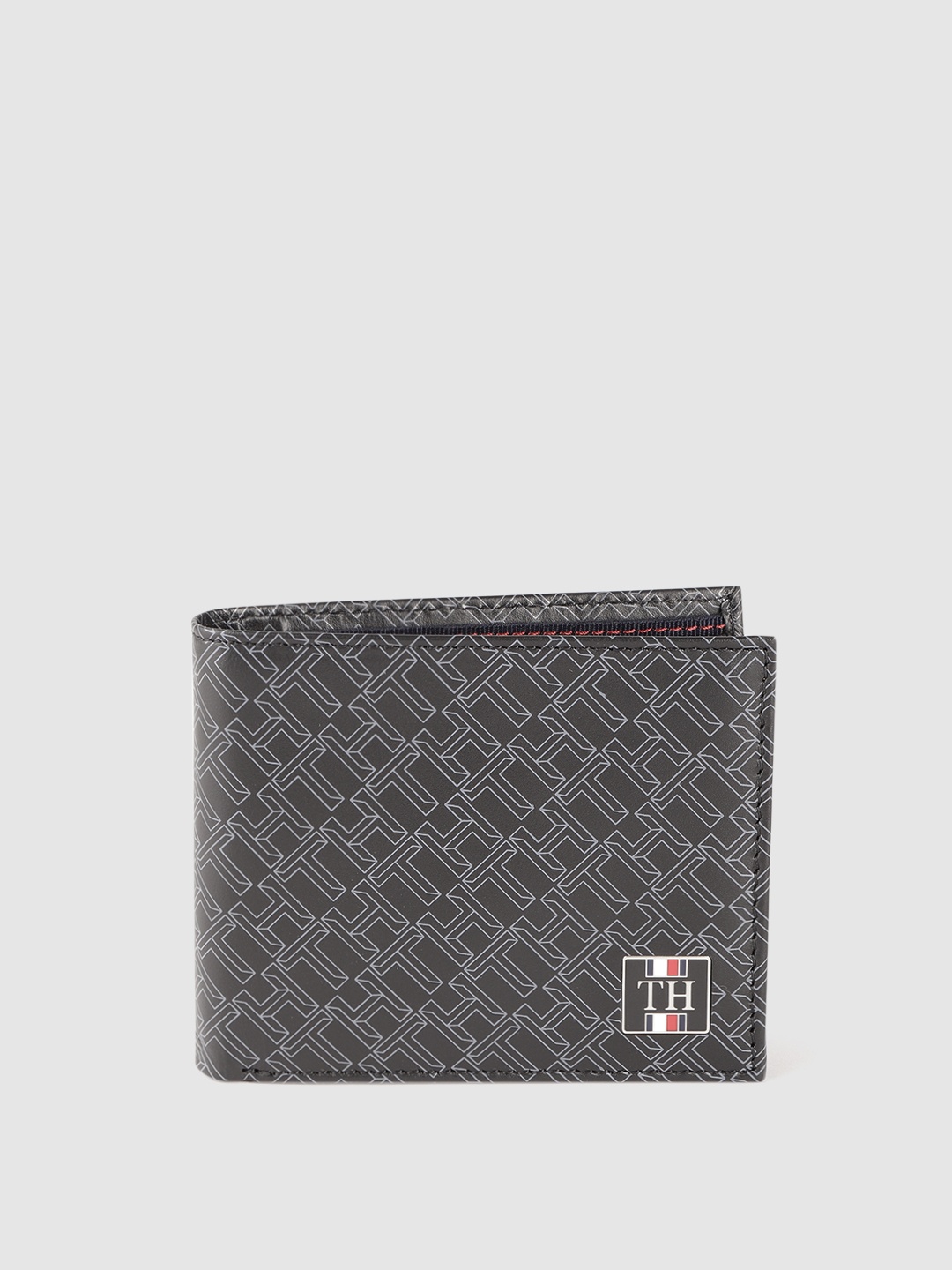 

Tommy Hilfiger Men Black & Grey Brand Logo Printed Leather Two Fold Wallet
