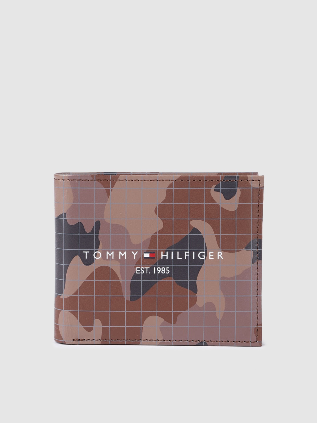 

Tommy Hilfiger Men Camouflage Print & Checked Leather Two Fold Wallet With Brand Logo, Brown