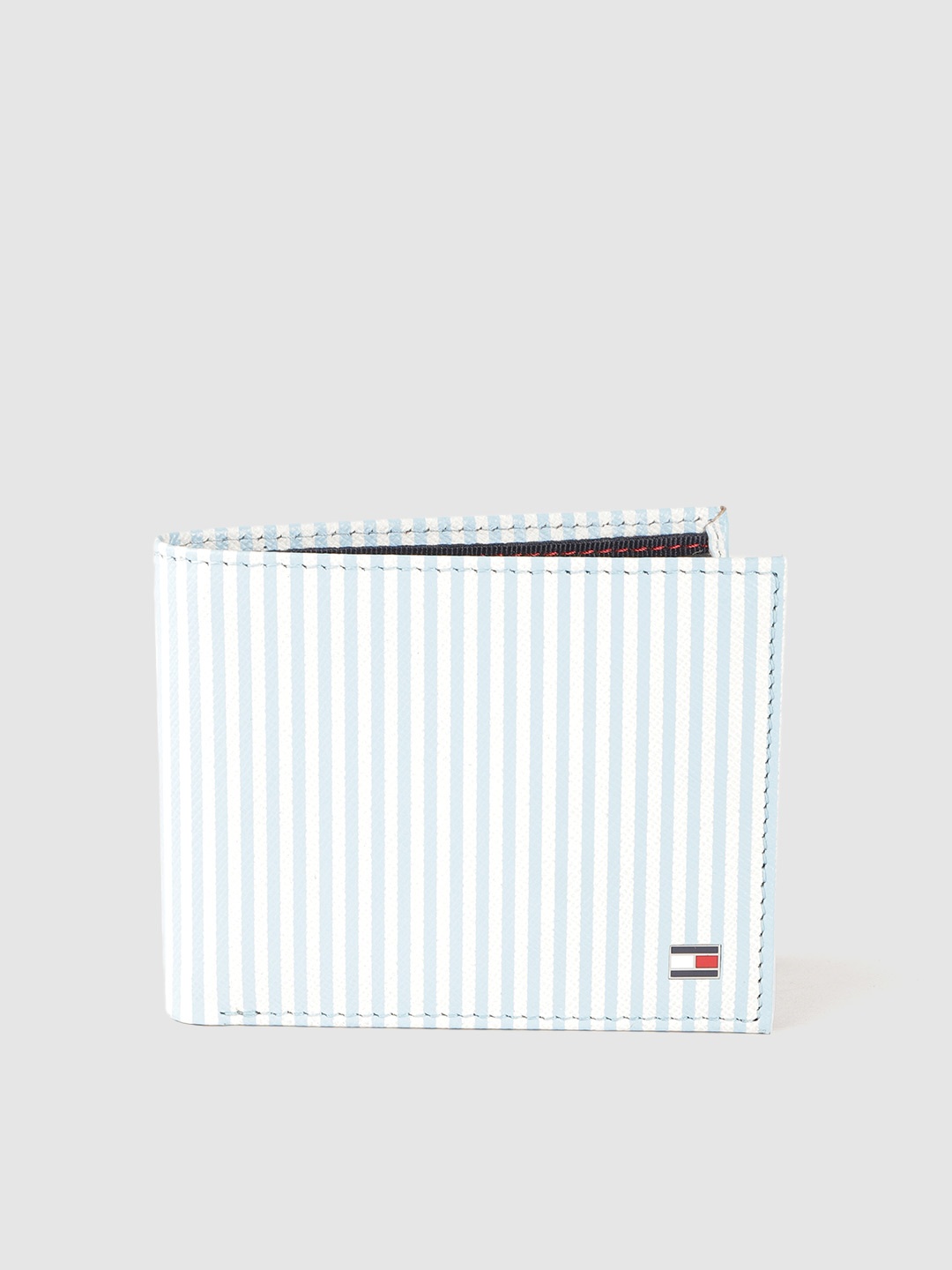 

Tommy Hilfiger Men White & Blue Striped Leather Two Fold Wallet