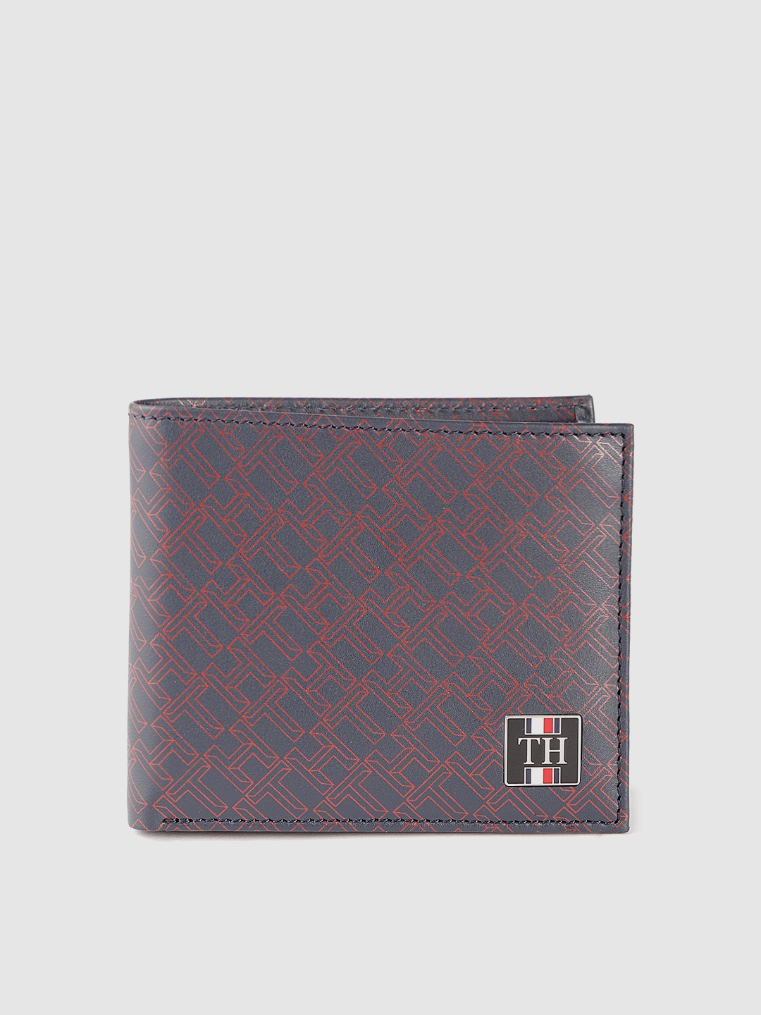 

Tommy Hilfiger Men Navy Blue & Red Brand Logo Printed Leather Two Fold Wallet