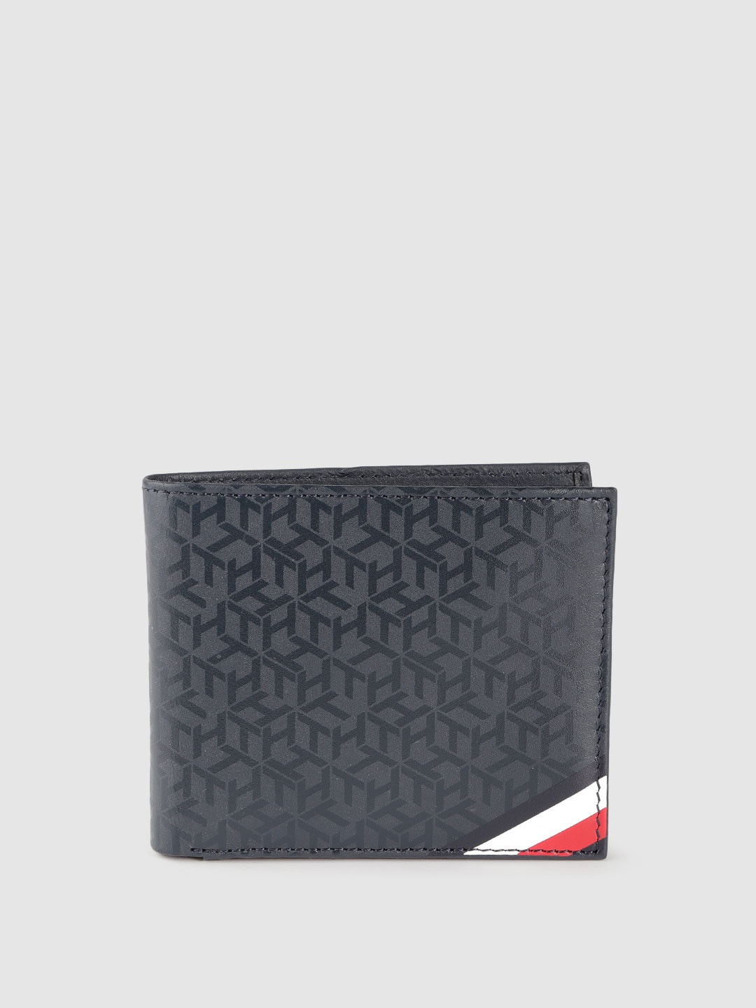 

Tommy Hilfiger Men Navy Blue Brand Logo Printed Leather Two Fold Wallet