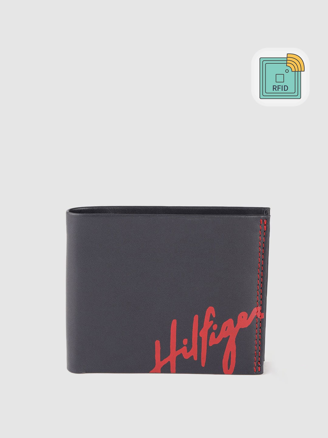 

Tommy Hilfiger Men Navy Blue & Red Brand Logo Printed Leather Two Fold Wallet