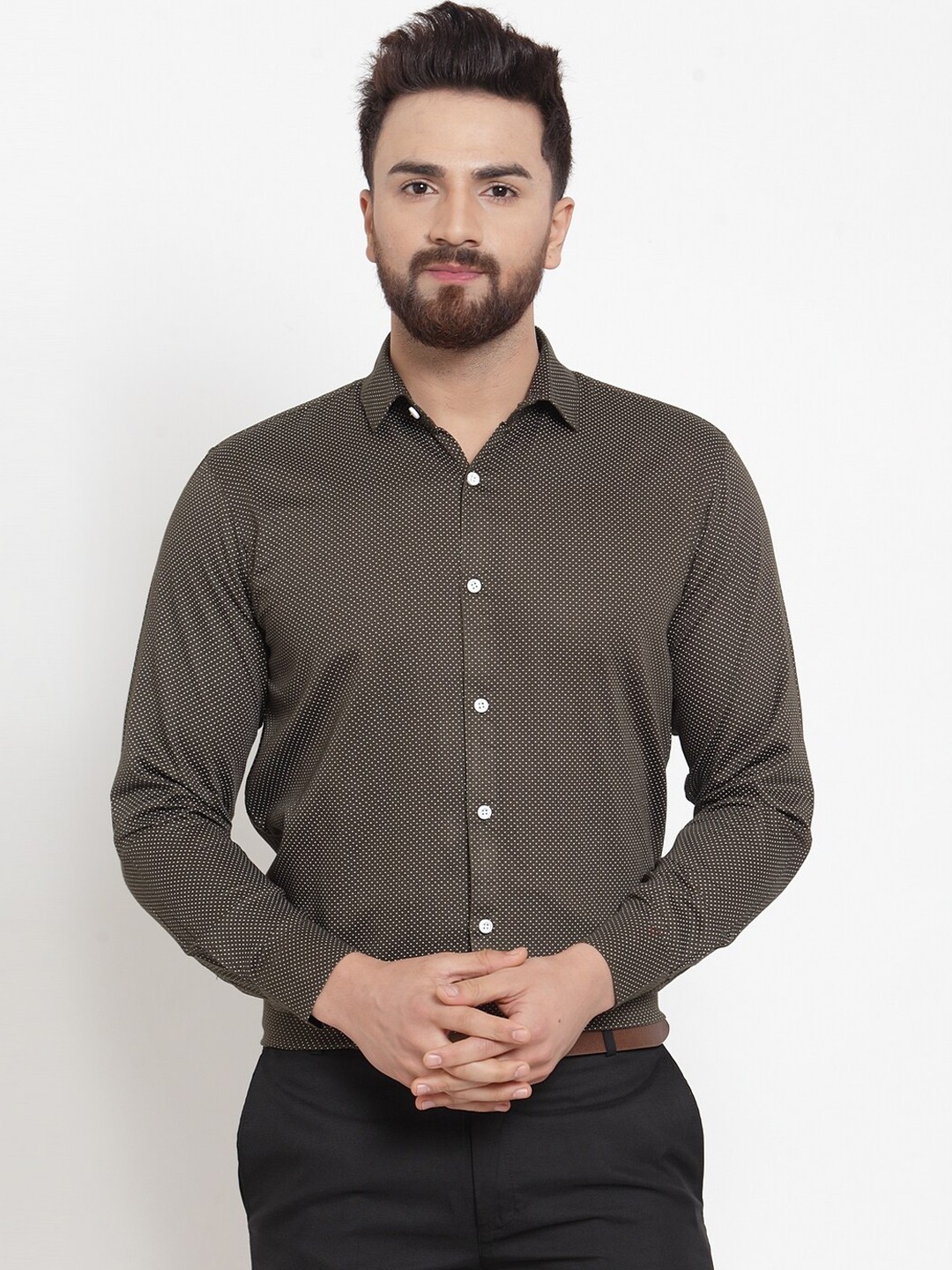 

JAINISH Men Olive Green Standard Printed Cotton Formal Shirt