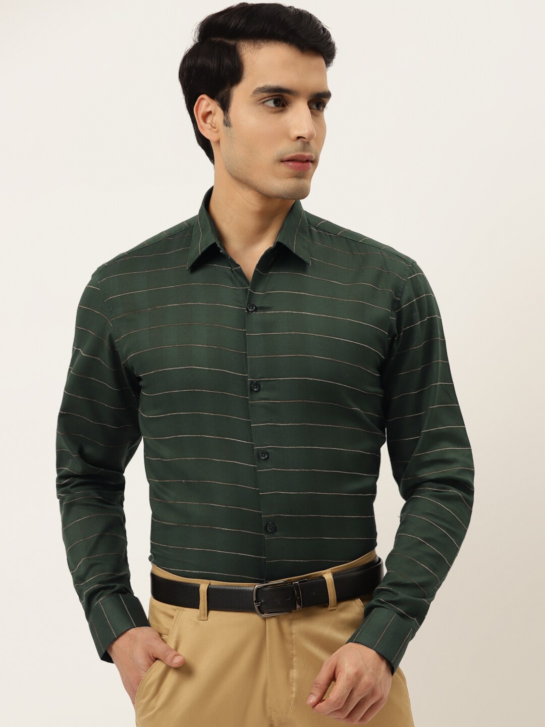 

JAINISH Men Olive Green Standard Horizontal Stripes Striped Pure Cotton Formal Shirt