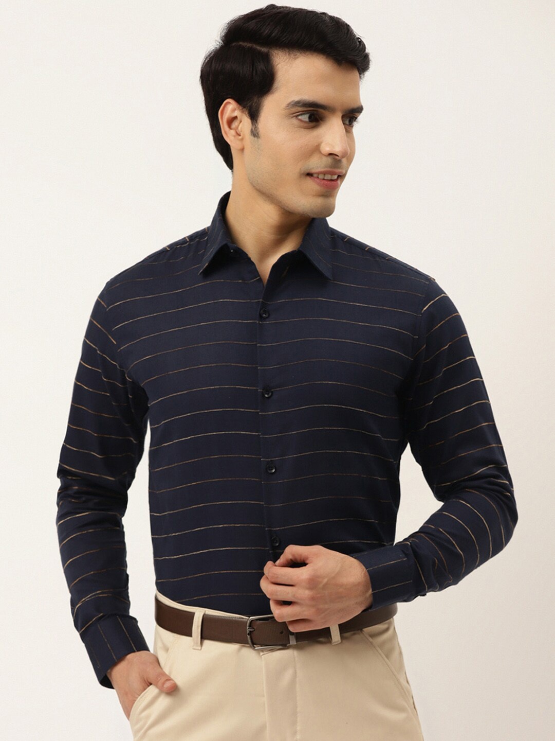 

JAINISH Men Navy Blue Standard Horizontal Striped Cotton Formal Shirt