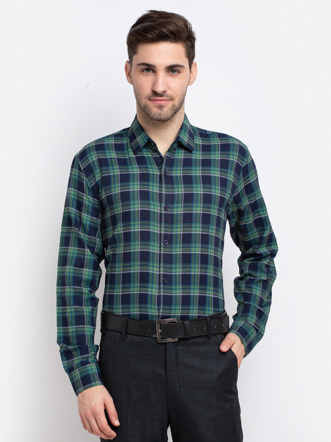 

JAINISH Men Green Standard Buffalo Checks Checked Cotton Formal Shirt