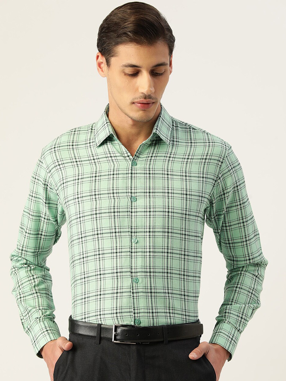 

JAINISH Men Green Standard Tartan Checked Cotton Formal Shirt