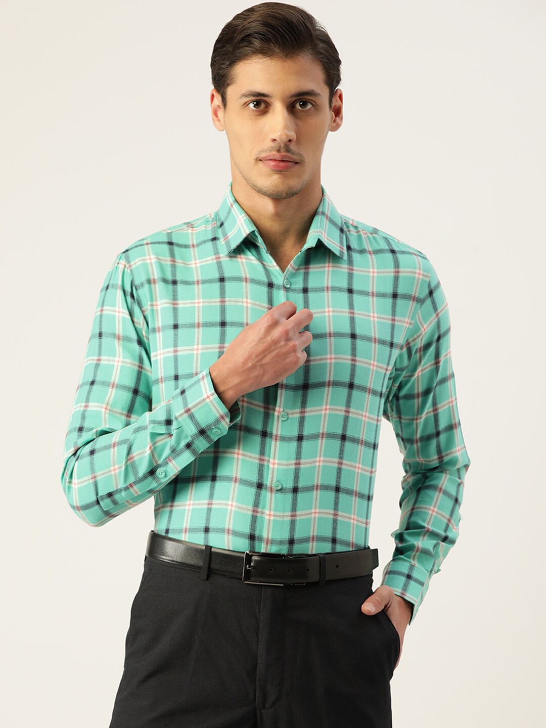 

JAINISH Men Green Standard Tartan Checks Checked Pure Cotton Formal Shirt