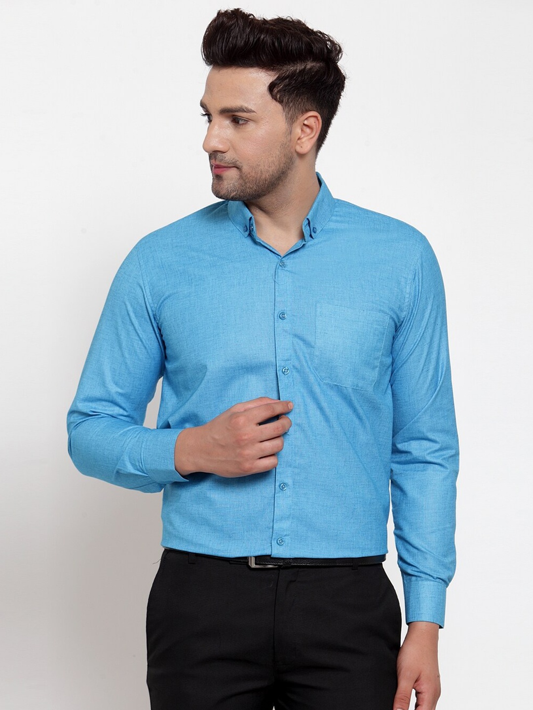 

JAINISH Men Turquoise Blue Standard Cotton Formal Shirt